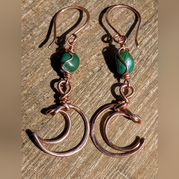 Artisan Jewelry - Dreamy Copper Moon Earrings Mediterranean Blue-Green Gemstones